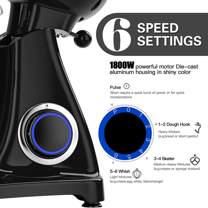 Küchenmaschine Knetmaschine (1800 W) leistungsstark leise und multifunktional Metallgehäuse inkl 6,5 L Edelstahlschüssel 3-Rührwerkzeuge Spritzschutz