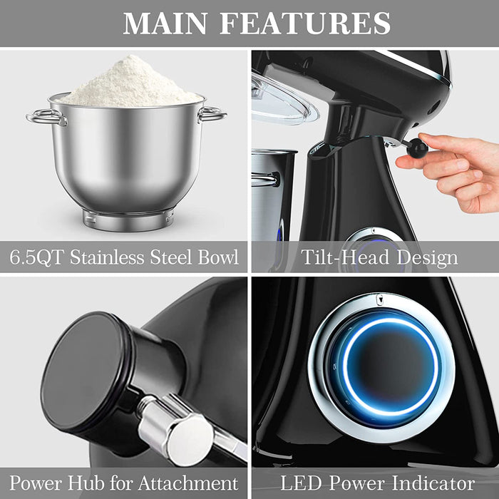 Küchenmaschine Knetmaschine (1800 W) leistungsstark leise und multifunktional Metallgehäuse inkl 6,5 L Edelstahlschüssel 3-Rührwerkzeuge Spritzschutz