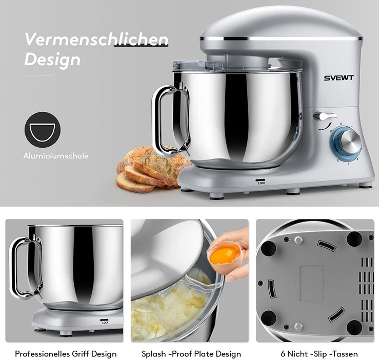 Küchenmaschine Knetmaschine, Teigmaschine 6 Geschwindigkeit 8L 1500W Knetmaschine mit Knethaken, Schneebesen, Rührbesen, Rührschüssel