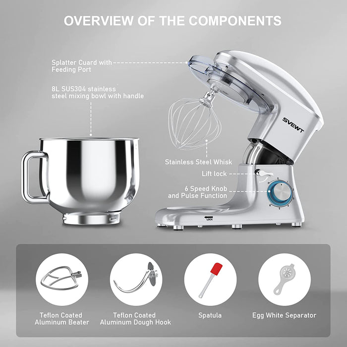 Küchenmaschine Knetmaschine, Teigmaschine 6 Geschwindigkeit 8L 1500W Knetmaschine mit Knethaken, Schneebesen, Rührbesen, Rührschüssel
