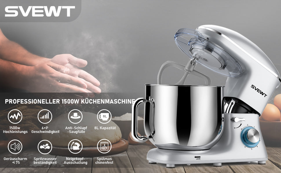 Küchenmaschine Knetmaschine, Teigmaschine 6 Geschwindigkeit 8L 1500W Knetmaschine mit Knethaken, Schneebesen, Rührbesen, Rührschüssel