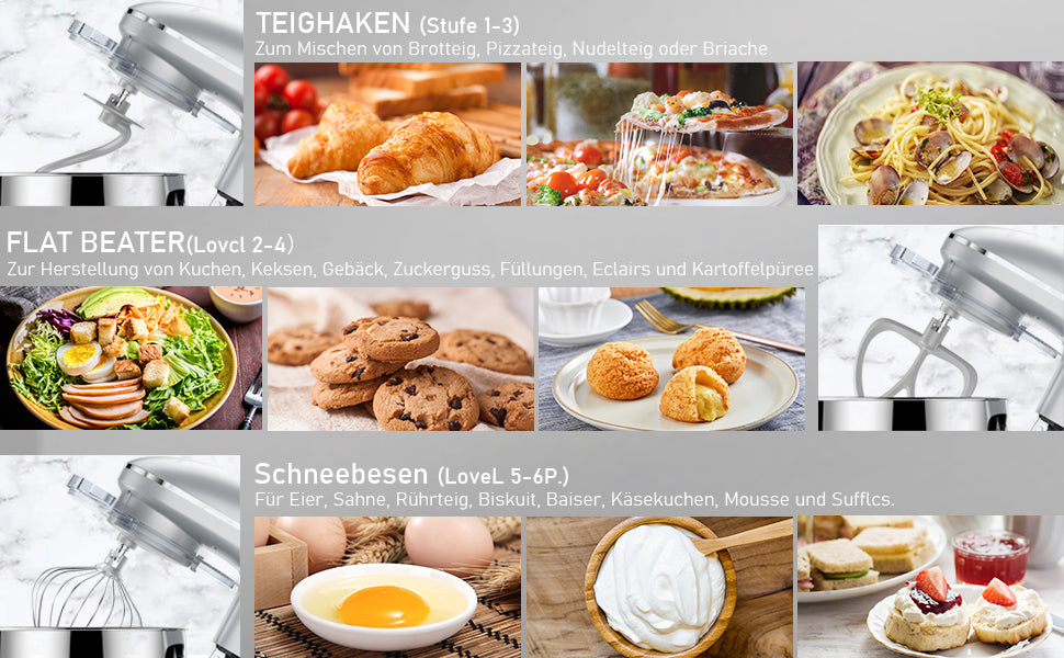 Küchenmaschine Knetmaschine, Teigmaschine 6 Geschwindigkeit 8L 1500W Knetmaschine mit Knethaken, Schneebesen, Rührbesen, Rührschüssel