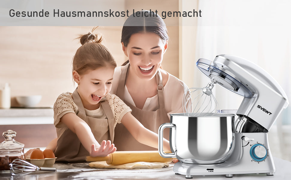 Küchenmaschine Knetmaschine, Teigmaschine 6 Geschwindigkeit 8L 1500W Knetmaschine mit Knethaken, Schneebesen, Rührbesen, Rührschüssel