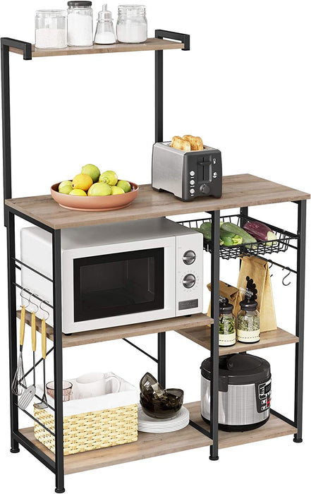 Küchenregal, Standregal mit Metallkorb, Bäckerregal mit 6 S-Haken und Regalablagen, Mikrowellenregal, Gewürzregal, für Töpfe und Pfannen