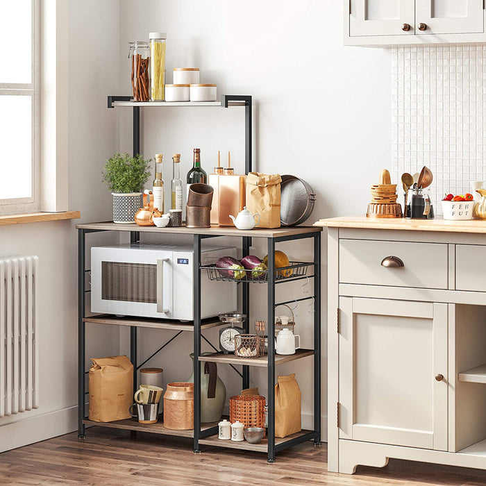 Küchenregal, Standregal mit Metallkorb, Bäckerregal mit 6 S-Haken und Regalablagen, Mikrowellenregal, Gewürzregal, für Töpfe und Pfannen