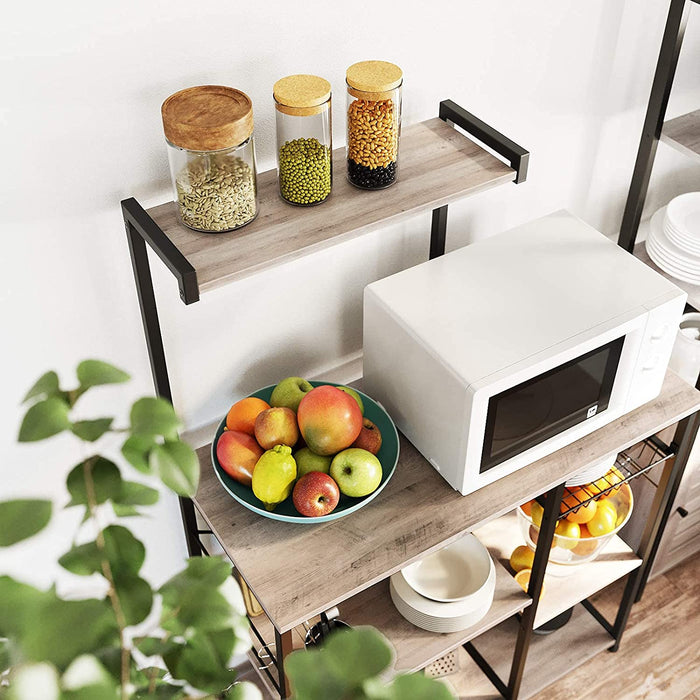 Küchenregal, Standregal mit Metallkorb, Bäckerregal mit 6 S-Haken und Regalablagen, Mikrowellenregal, Gewürzregal, für Töpfe und Pfannen