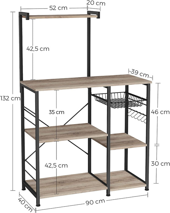 Küchenregal, Standregal mit Metallkorb, Bäckerregal mit 6 S-Haken und Regalablagen, Mikrowellenregal, Gewürzregal, für Töpfe und Pfannen