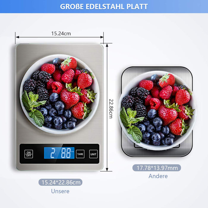 Küchenwaage Digital，Küchenwaage 10KG Grau Digitalwaage Haushaltswaage digital, Elektronische Waage küchen mit Großer Edelstahl Wiegefläche