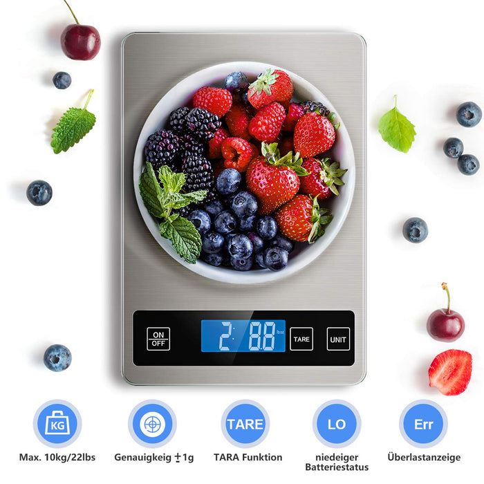 Küchenwaage Digital，Küchenwaage 10KG Grau Digitalwaage Haushaltswaage digital, Elektronische Waage küchen mit Großer Edelstahl Wiegefläche