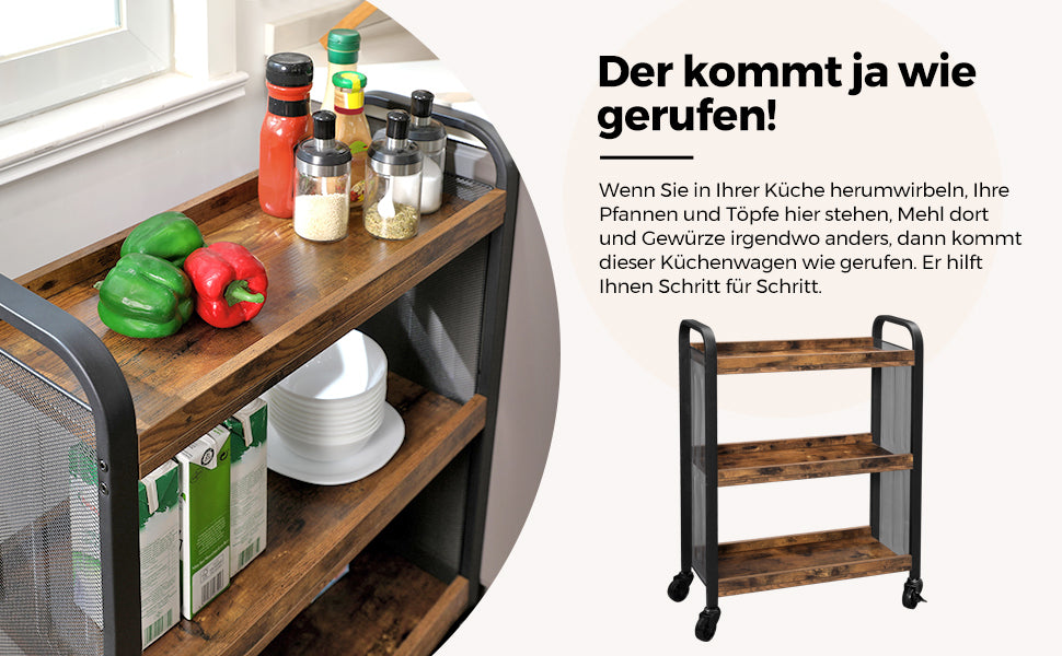 Küchenwagen, platzsparender Servierwagen mit Universalrollen, Küchenregal mit verstellbaren Füßen, stabiles Metallgestell, 66 x 26 x 85 cm