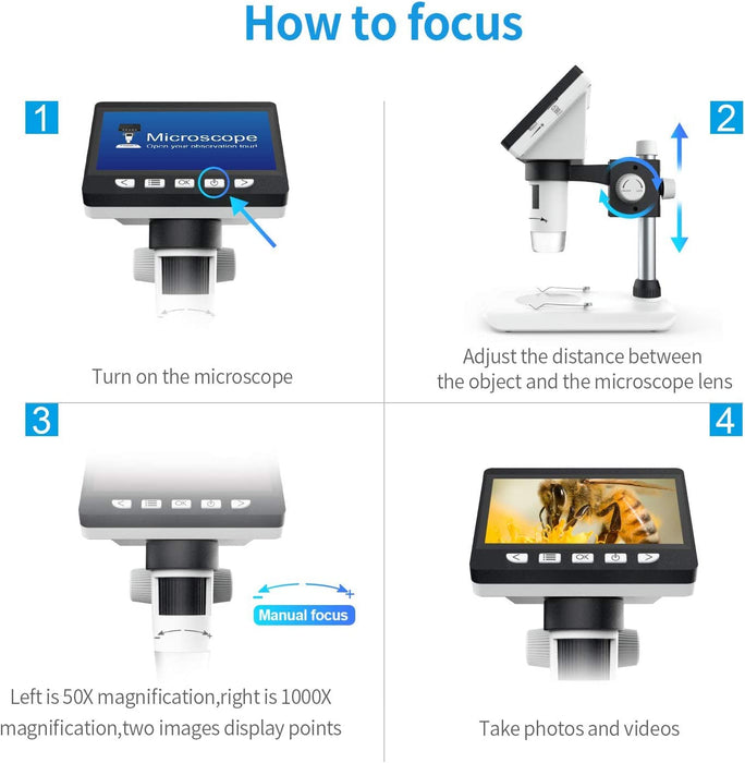 LCD Digitales Mikroskop, 4,3 Zoll Mikroskop 50X-1000X Vergrößerung Zoom 2 Megapixel 2600 mAh Akku USB Mikroskop mit 8 Einstellbaren LED Leuchten