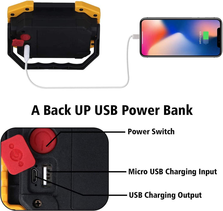 LED Baustrahler Akku Arbeitsleuchte Arbeitsstrahler tragbares wasserdichter Arbeitslicht mit 4*Wiederaufladbare Batterien, USB, 3 Lichtmodi