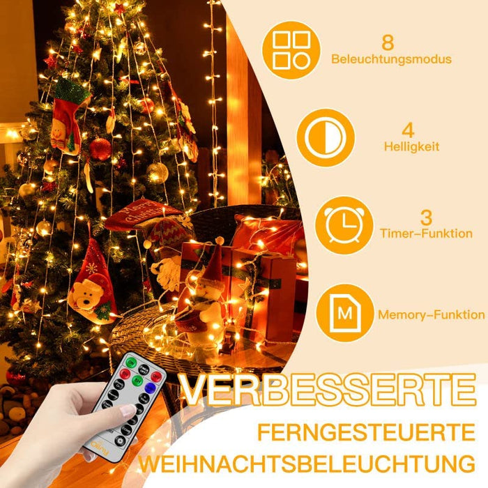 LED Lichterkette Außen, 20m 200LED Lichterkette Weihnachtsbaum mit Fernbedienung & Timer, 8 Modi IP44 Wasserdicht Warmweiß Lichterkette