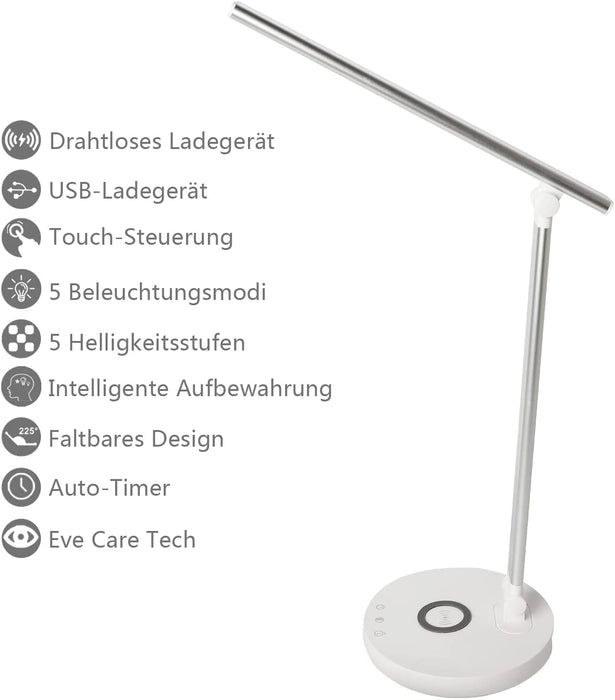 LED Schreibtischlampe mit kabellosem Ladegerät, multifunktionale augenschonende Tischlampen mit USB-Ladeanschluss, 5 Beleuchtungsmodi