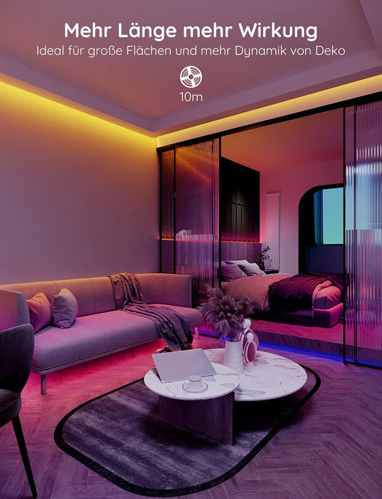 LED Strip 10m, Bluetooth RGB LED Streifen, Farbwechsel, Musik Sync, 64 Szenenmodus, Steuerbar via App-steuerung, und Steuerbox