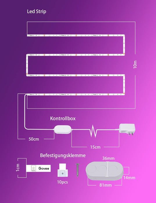 LED Strip 10m, Bluetooth RGB LED Streifen, Farbwechsel, Musik Sync, 64 Szenenmodus, Steuerbar via App-steuerung, und Steuerbox