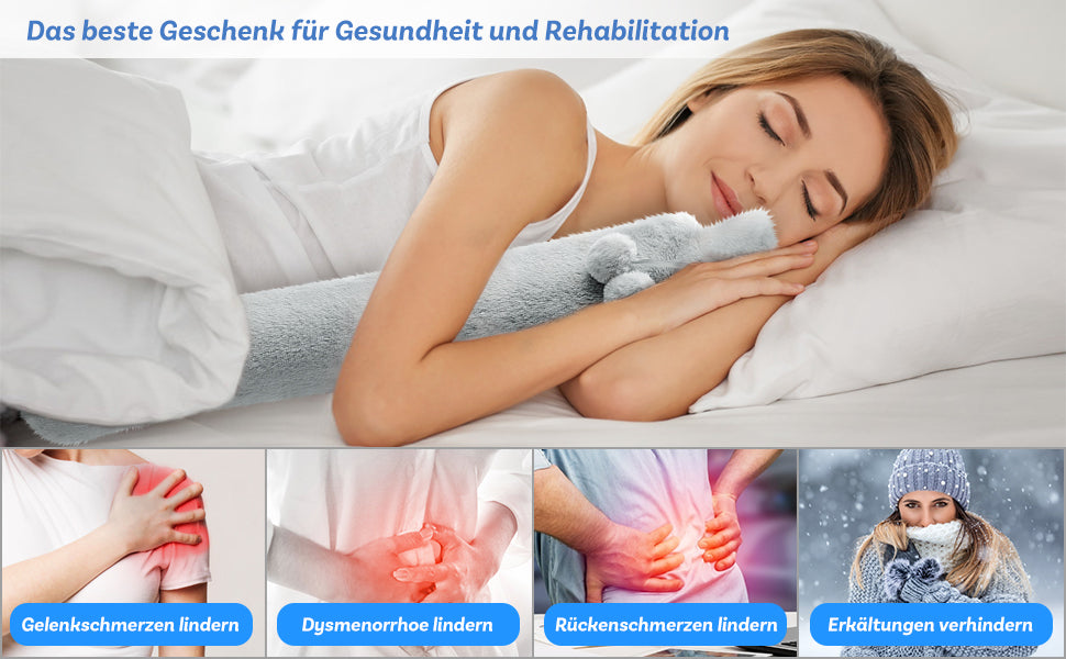 Lange Wärmflasche mit weichem Bezug 2 Liter, Schlauch-Wärmflasche für Nacken und Schulter, 73 x 13cm zertifiziert, Nackenwärmflasche (Grau 1)