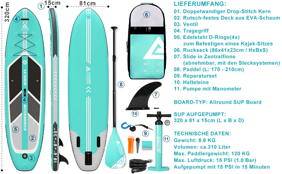 Stand Up Paddle Board - Leader Accessories All-Round SUP Board aufblasbar SUP Brett 