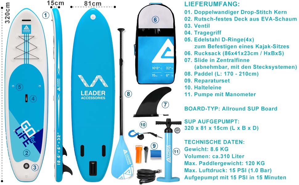 Stand Up Paddle Board - Leader Accessories All-Round SUP Board aufblasbar SUP Brett 