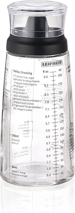 Leifheit Dressing Shaker, hochwertige Glasflasche mit verschiedenen Rezepten für Salatdressings, Messbecher mit tropffreien Ausguss