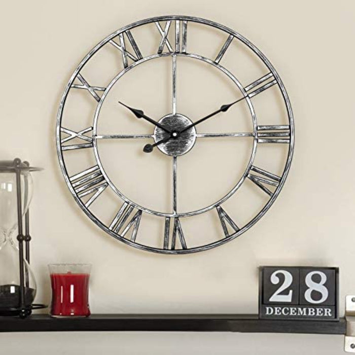 Leise Wanduhr, europäisches Bauernhaus, Vintage-Uhr mit römischen Ziffern, 40 cm, Nicht tickend, batteriebetrieben, Metallskelett, dekorative Uhr für Zuhause, Küche, Café (Silber)