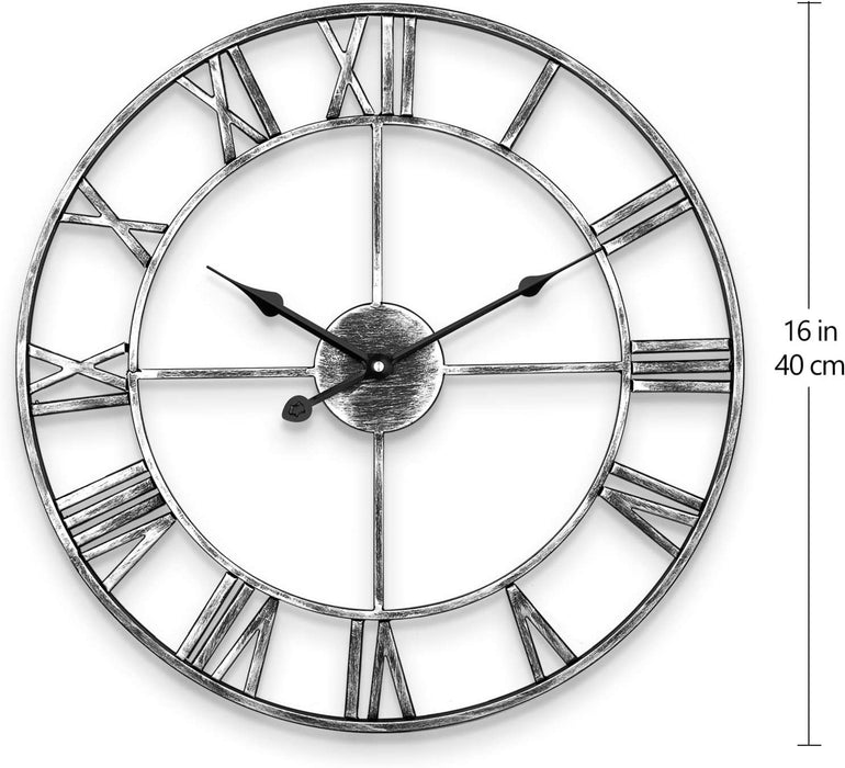 Leise Wanduhr, europäisches Bauernhaus, Vintage-Uhr mit römischen Ziffern, 40 cm, Nicht tickend, batteriebetrieben, Metallskelett, dekorative Uhr für Zuhause, Küche, Café (Silber)