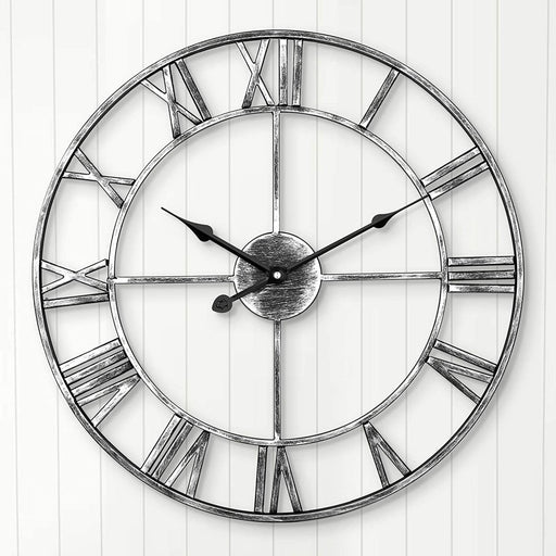 Leise Wanduhr, europäisches Bauernhaus, Vintage-Uhr mit römischen Ziffern, 40 cm, Nicht tickend, batteriebetrieben, Metallskelett, dekorative Uhr für Zuhause, Küche, Café (Silber)