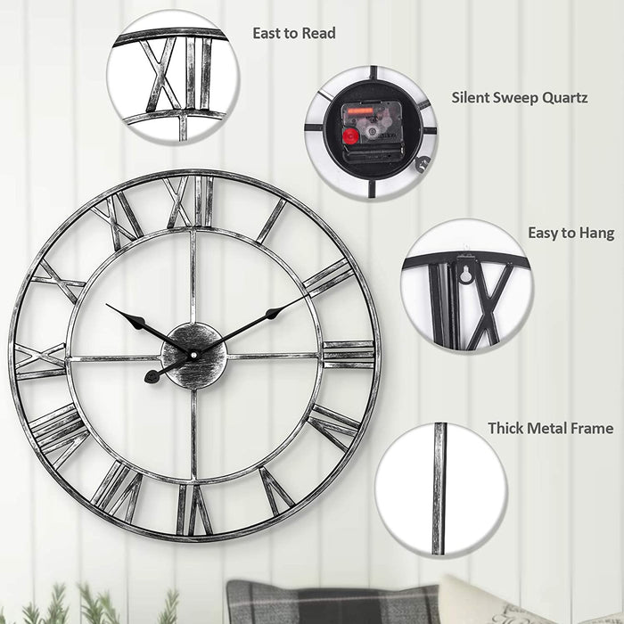 Leise Wanduhr, europäisches Bauernhaus, Vintage-Uhr mit römischen Ziffern, 40 cm, Nicht tickend, batteriebetrieben, Metallskelett, dekorative Uhr für Zuhause, Küche, Café (Silber)