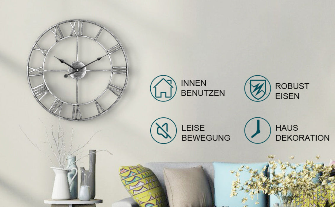 Leise Wanduhr, europäisches Bauernhaus, Vintage-Uhr mit römischen Ziffern, 40 cm, Nicht tickend, batteriebetrieben, Metallskelett, dekorative Uhr für Zuhause, Küche, Café (Silber)