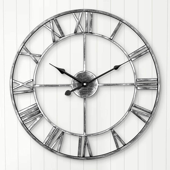 Leise Wanduhr, europäisches Bauernhaus, Vintage-Uhr mit römischen Ziffern, 40 cm, Nicht tickend, batteriebetrieben, Metallskelett, dekorative Uhr für Zuhause, Küche, Café (Silber)
