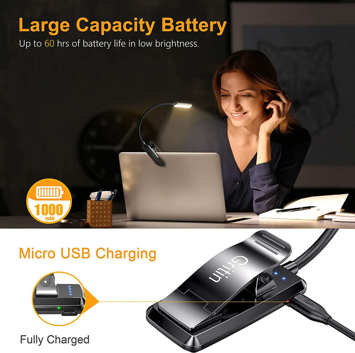 Leselampe Buch Klemme, Gritin Buchlampe mit 9 LEDs, 3 Farbtemperatur Modi, Stufenlose Helligkeit Klemmlampe, USB Wiederaufladbare Klemmleuchte