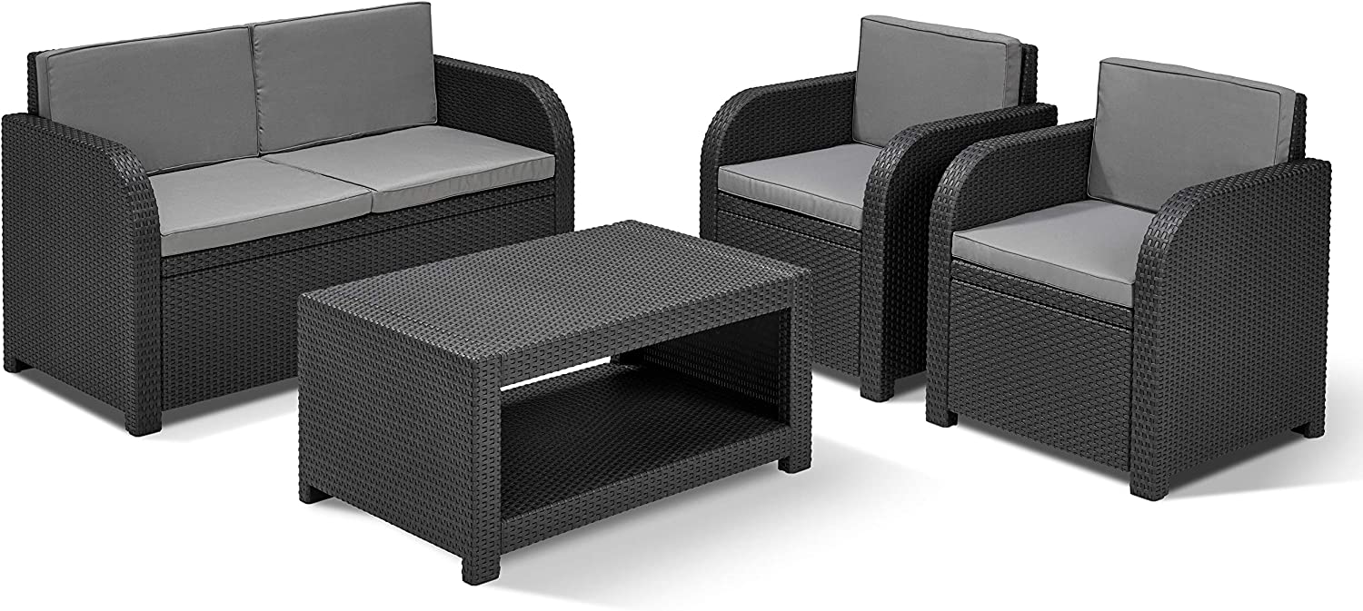 Lounge Gartenmöbel Set 4teilig, mit Sitzkissen, für Garten, Terrasse und Balkon, grau, wetterfest, Sitzgruppe aus Beistelltisch 
