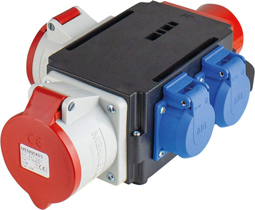 MIXO Adapter/Stromverteiler DONAU – CEE-Stecker auf 2 CEE-Steckdosen (32 A / 16 A) und 2 Schuko Steckdosen – Robuster Baustellen Starkstrom-Verteiler – IP44 – Made in EU