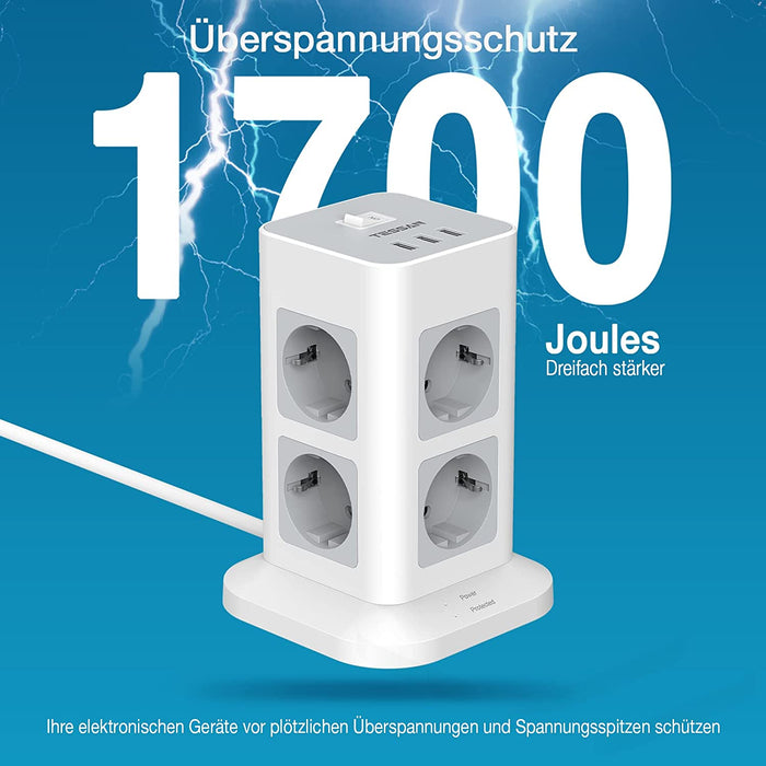 Mehrfachsteckdose Überspannungsschutz 3600W 16A, 8 Fach Steckdosenleiste Steckerleiste mit 3 USB, Mehrfachstecker mit 2M Extension Cord, Steckdosenturm Verteilersteckdose für Zuhause, Grau