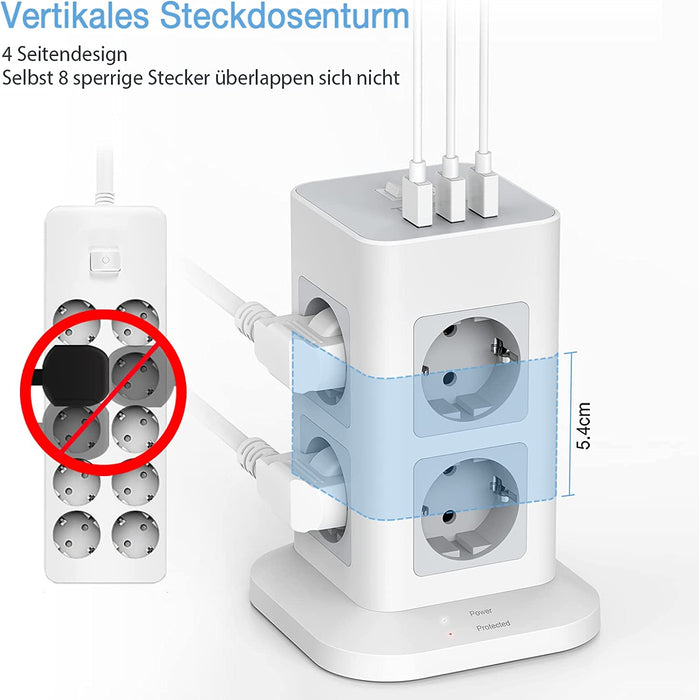 Mehrfachsteckdose Überspannungsschutz 3600W 16A, 8 Fach Steckdosenleiste Steckerleiste mit 3 USB, Mehrfachstecker mit 2M Extension Cord, Steckdosenturm Verteilersteckdose für Zuhause, Grau