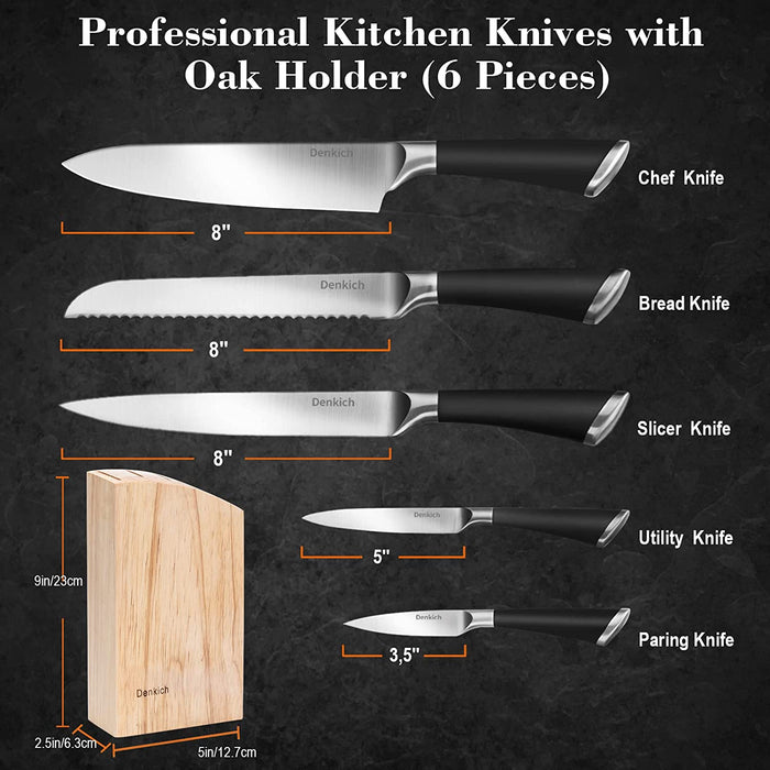 Messerblock, 6-TLG Küchenmesser Set Scharf, 5 Verschiedene Messerset mit Block, Deutscher Präzisionsklingen aus Rostfreiem Edelstahl