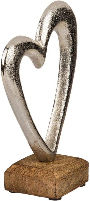 Metallherz auf Holzsockel, silberfarben, 17 cm