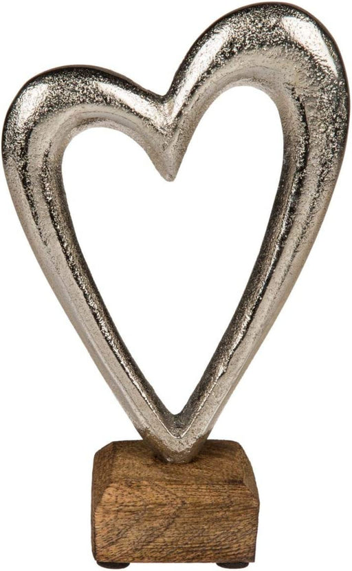 Metallherz auf Holzsockel, silberfarben, 17 cm