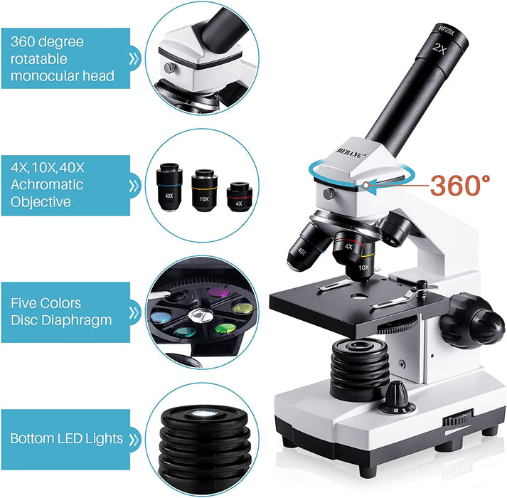 Mikroskop 100X-2000X für Kinder Studenten Erwachsene, mit Objektträger Set, Professionelle Mikroskope für Schullabor Zuhause Biologische Bildung