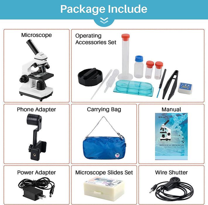 Mikroskop 100X-2000X für Kinder Studenten Erwachsene, mit Objektträger Set, Professionelle Mikroskope für Schullabor Zuhause Biologische Bildung