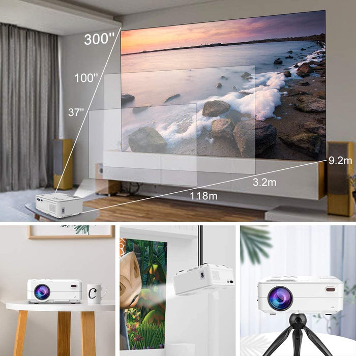 Mini Beamer WLAN Bluetooth - WiFi Beamer Wireless LED Beamer 300” Unterstützt 1080p Full HD Mini Projektor, Kompatibel mit PS4, X-Box, TV Stick Laptop iOS/Android Smartphone Projektor