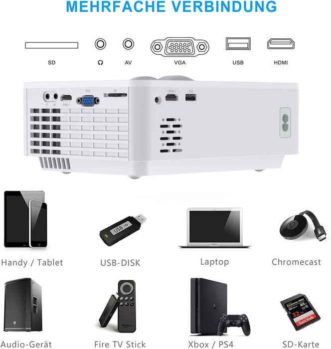 Mini Beamer, Native 720P Heimkino Beamer Unterstützt 1080P Full HD, 4500 Lumen Video Beamer mit 240'' Display, 60000 Stunden LED Projektor 