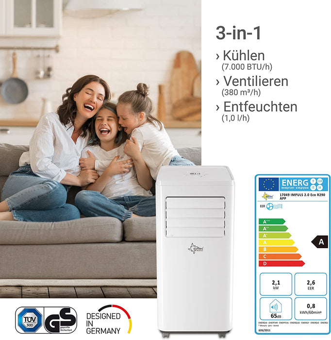 Mobiles Klimagerät Impuls 2.0 Eco R290 APP – Klimaanlage mobil und leise mit Smart App Steuerung – Entfeuchter für Räume bis 25 qm