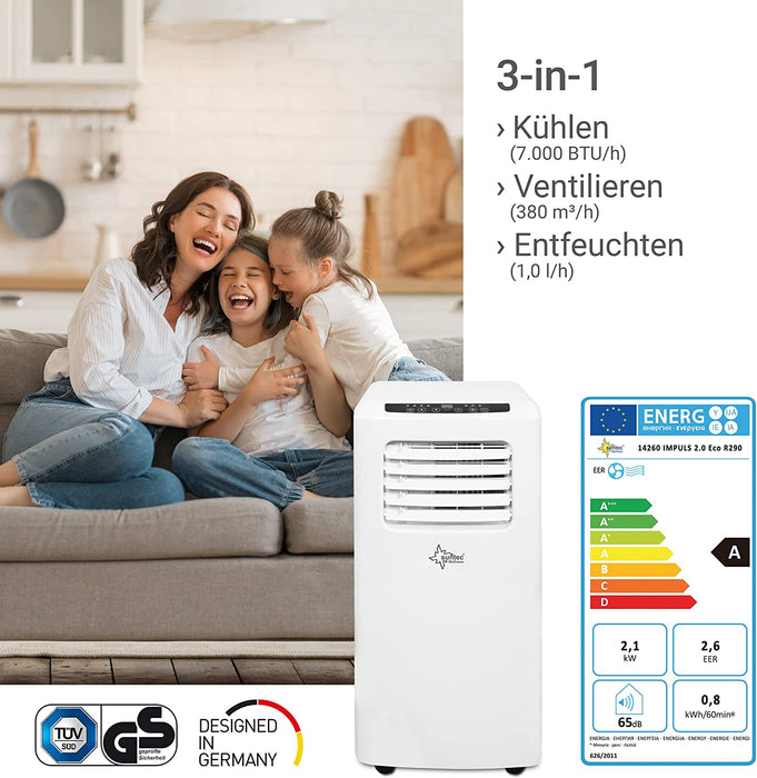  Mobiles Klimagerät Impuls 2.0 Eco R290 – Klimaanlage mobil und leise mit Abluftschlauch – Kühler & Entfeuchter für Räume bis 25 qm 