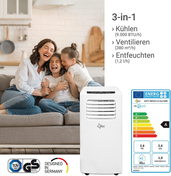 Mobiles Klimagerät Impuls 2.6 Eco R290 – Klimaanlage mobil und leise mit Abluftschlauch – Kühler & Entfeuchter für Räume bis 34 qm 
