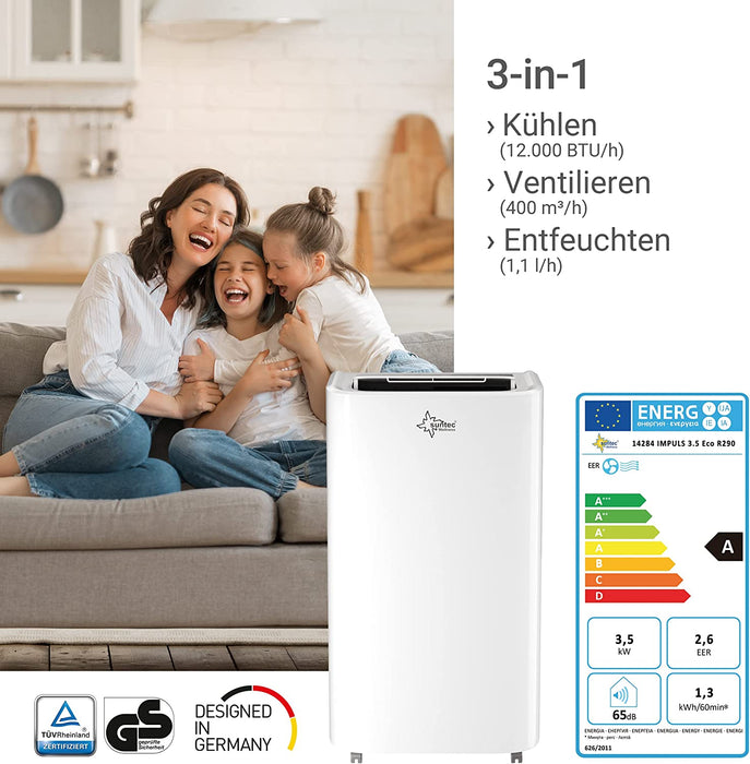 Mobiles Klimagerät Impuls 3.5 Eco R290 – Klimaanlage mobil mit Abluftschlauch – Kühler und Entfeuchter für Räume bis 60 qm