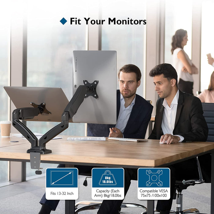 Monitor Halterung 2 Monitore für 13-32 Zoll LED/LCD Bildschirme bis zu 8 kg, Gasdruckfederarm +90°/-45° Neigbar, 360° Schwenkbar & 360° Drehungbar