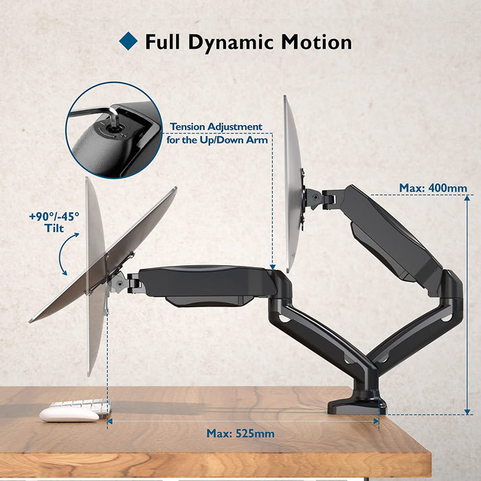 Monitor Halterung 2 Monitore für 13-32 Zoll LED/LCD Bildschirme bis zu 8 kg, Gasdruckfederarm +90°/-45° Neigbar, 360° Schwenkbar & 360° Drehungbar