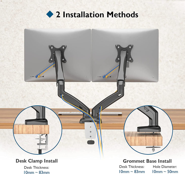 Monitor Halterung 2 Monitore für 13-32 Zoll LED/LCD Bildschirme bis zu 8 kg, Gasdruckfederarm +90°/-45° Neigbar, 360° Schwenkbar & 360° Drehungbar
