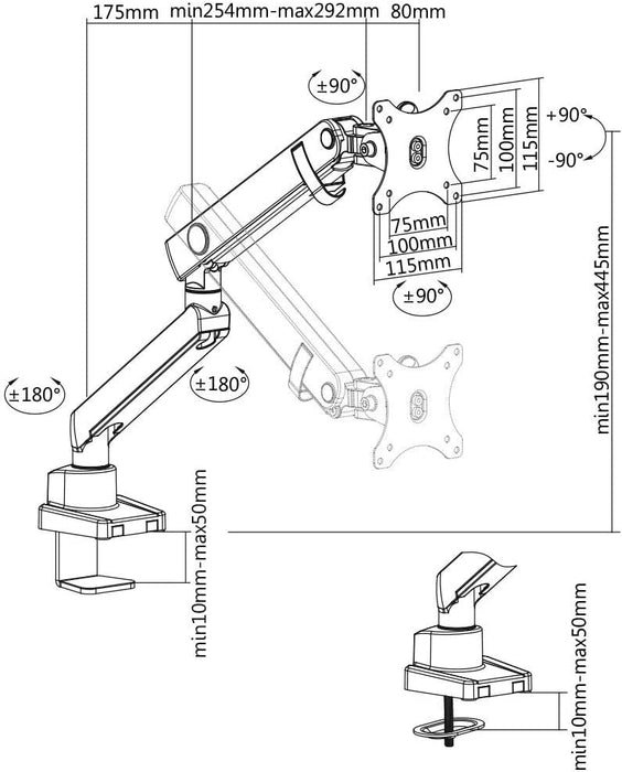 Monitor Halterung für 1 Monitor bis 32 Zoll (bis zu 8kg, VESA 75x75/100x100), Befestigung auf Tischplatte/Tischkante, Stahl, Schwarz